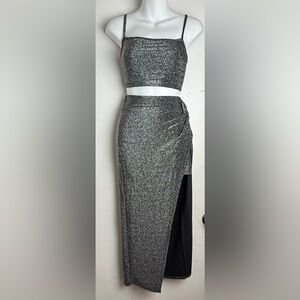Black Silver Sparkle Glitter Two Piece Slit Maxi Co Ord Set